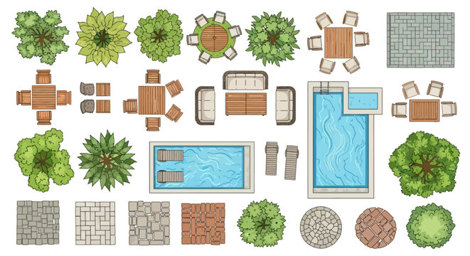 Overhead view of garden and patio furniture and landscaping elements.