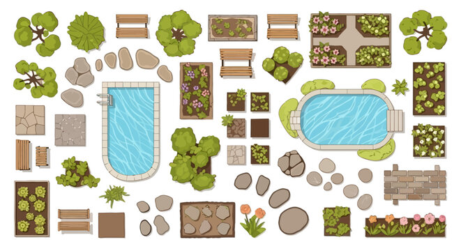 Top-down view of a garden and pool design elements, including trees, flowers, benches, and pathways, for landscape planning.