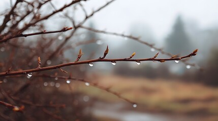 Water droplets on bare tree branches in a misty overcast outdoor landscape