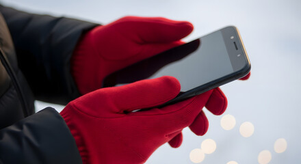 Person using smartphone while wearing red gloves in winter setting  