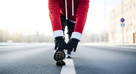 Fototapeta premium Man in red Santa costume hoodie stretching on snowy street during winter morning 