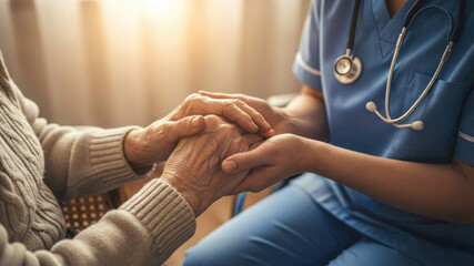 Hands of elderly patient holding by caregiver hands, health care and medical support of senior