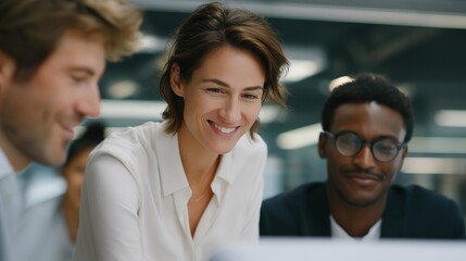 An inclusive workplace team gathered around a shared table, employees of all backgrounds and abilities collaborating on a digital whiteboard while natural light fills the modern office — diversity