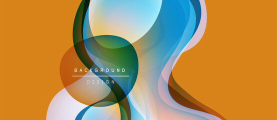 Abstract colorful shapes overlap, creating dynamic visual effect. Orange background complements flowing design elements. Modern, vibrant composition.