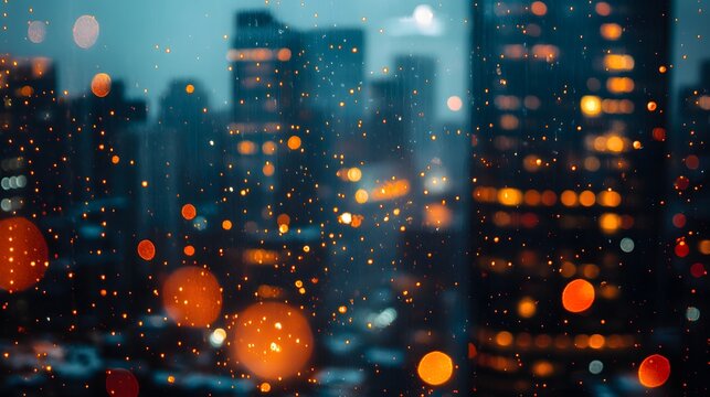 A blurry view of a city skyline at night with rain or snow falling in front of the window.