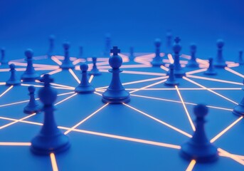 Abstract network of connected chess pieces on a blue background