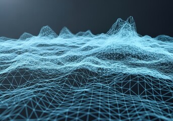 Abstract digital landscape of glowing blue wireframe mountains and valleys