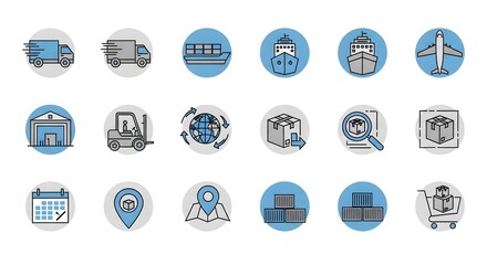 Shipping and logistics icons set delivery transportation concept vector design