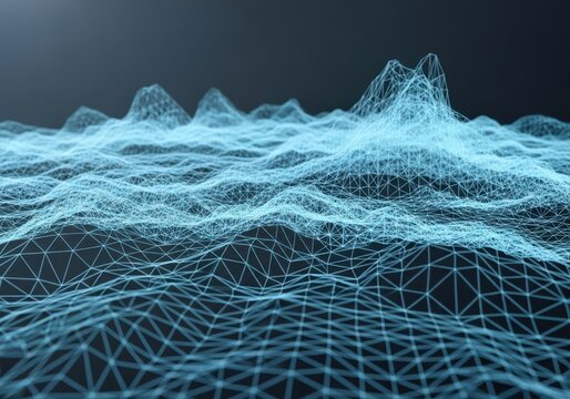 Abstract digital landscape of glowing blue wireframe mountains and valleys