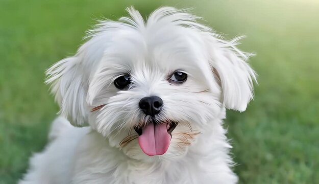 Adorable Maltese Dog Portraits Set Against a Lush Green Backdrop Displaying Joy