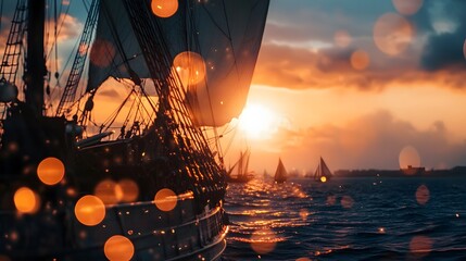 A close-up of a tall ship sailing towards the sunset with a fleet of ships behind it. The sky is a vibrant orange and pink with soft bokeh light.