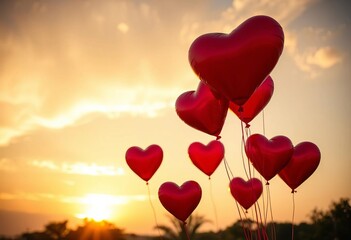 Heart-shaped balloons floating against a sunset sky, sky, relationship