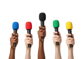 Diverse hands lifting colorful microphones for unity and global communication now