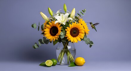 Vibrant Bouquet of Sunflowers and Lilies with Hummingbird and Fresh Citrus Fruits