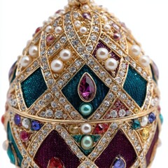 Luxury jeweled golden egg ornament on white background.