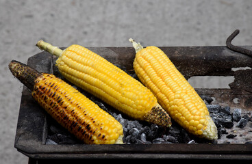Young corn kernels grilled over charcoal are delicious.