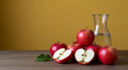 Fresh Red Apples and Water Carafe on Wooden Table