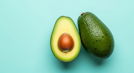 Fresh Whole and Half Avocado on Blue Background