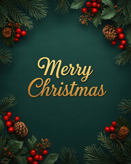 Merry Christmas greeting card with gold star, fir branches, and winter snow decoration border illustration