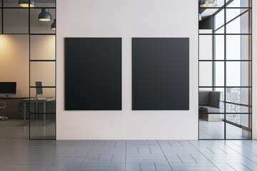 Two vertical black posters on white wall in modern corporate office corridor with glass partitions and clean minimalist interior design. 3D Rendering