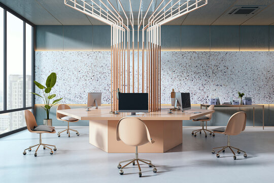 Modern coworking office interior with central wooden workstation and ergonomic chairs in bright daylight setting. 3D Rendering - Powered by Adobe