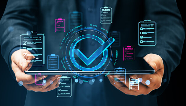 Digital checkmark and task list icons floating above a tablet held by a person in a suit on a dark abstract neon blue background.