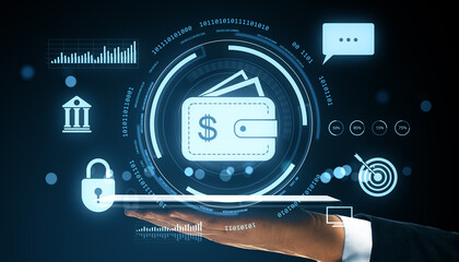 Digital wallet interface with virtual icons floating above a hand on futuristic display screen showing blockchain and financial data symbols.