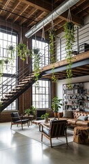 Fototapeta premium Industrial Loft Interior with Staircase and Hanging Plants.