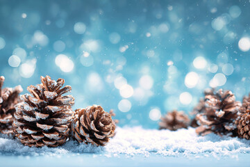 A serene winter landscape filled with pine cones resting on soft snow under a soothing blue backdrop, enhancing the festive atmosphere of the season