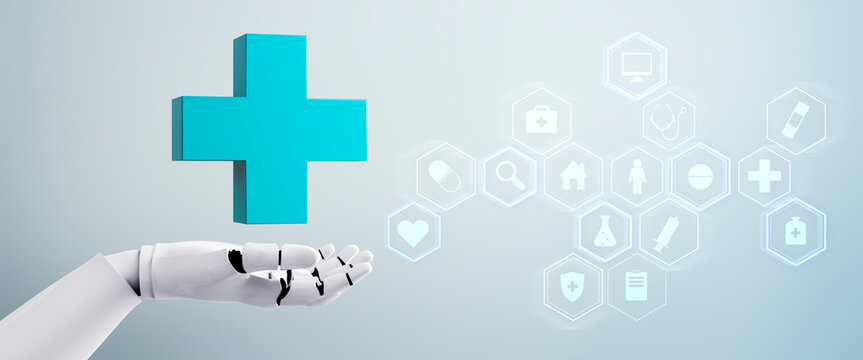 Robotic hand holding healthcare symbol with futuristic medical icons on abstract light background for digital health and technology concept. 3D Rendering