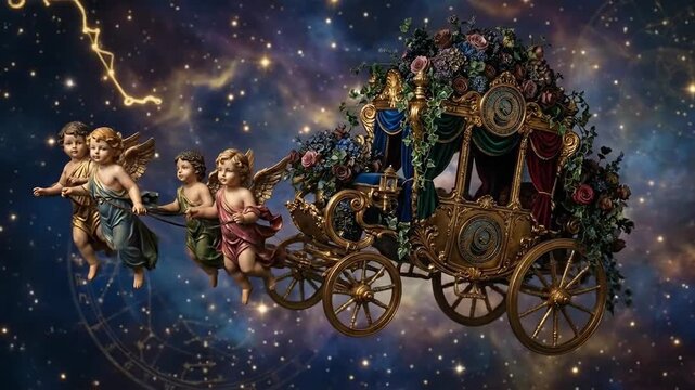 Angelic flight through the cosmos: Cherubs lead a flower-laden carriage amidst constellations
