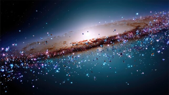 A spiral galaxy with a bright central bulge and arms, surrounded by numerous sparkling diamond-like asteroids against a dark blue, star-filled background.