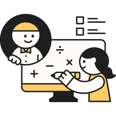 Childrens Online Learning Education Concept Student Using Computer Screen With Math Symbols And Teacher Avatar In Circle On Transparent Background