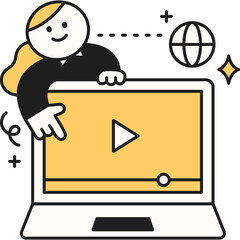 Cheeful Person Over Laptop Demonstrating Online Learning And Digital Education With Play Button On Screen And Globe Icon Symbolizing Global Connection And Technology For Remote Study And Internet