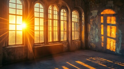 Fototapeta premium A large room with multiple windows overlooking a beautiful sunset. The sun's rays are shining through the windows and illuminating the room. The room is abandoned and the walls are peeling.