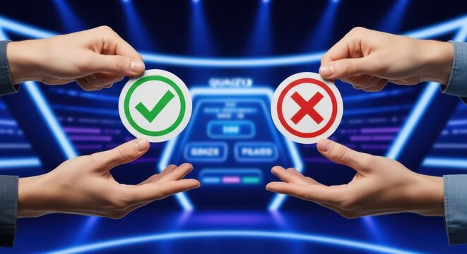 Hands holding green checkmark and red cross on a futuristic game show background, symbolizing choice and decision-making