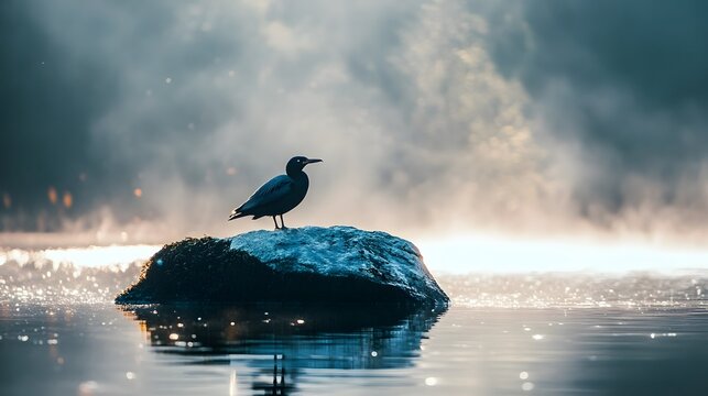 A lone bird perched on a rock in a misty lake, with the sun shining through the fog.