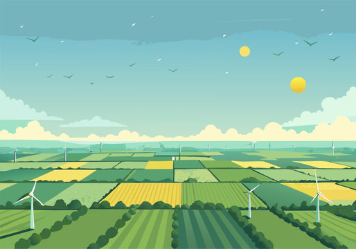 Idyllic Farm Landscape with Wind Turbines at Sunrise