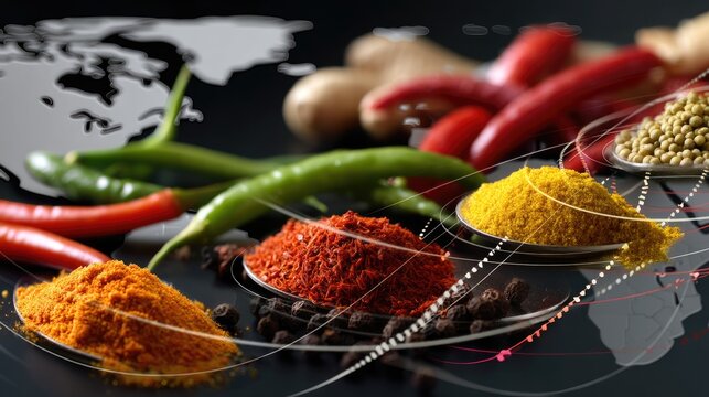 Vibrant Spices and Peppers on Black Surface with World Map Background for Culinary and Food Photography
