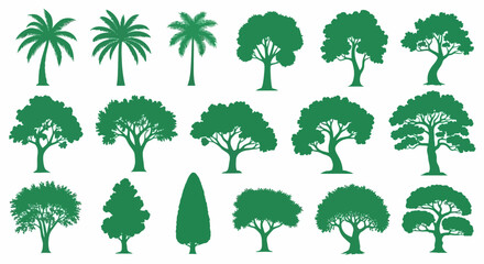 A collection of various green tree silhouettes featuring diverse species like palm and oak. This set of isolated vector icons is perfect for nature, ecology, and environmental design