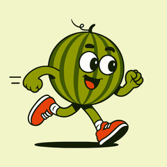 Cartoon watermelon character happily running with a big smile.
