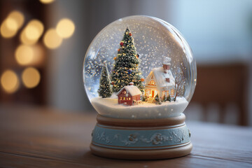 Christmas snow globe with tree, houses, and falling snowflakes inside.