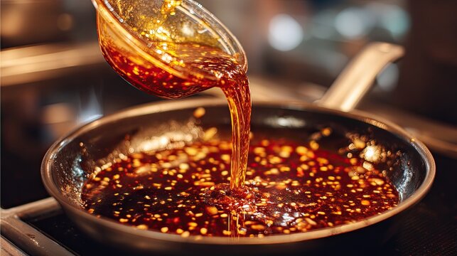 Rich and Flavorful Sauce Being Poured into a Hot Pan with Aromatic Ingredients for Culinary Delight
