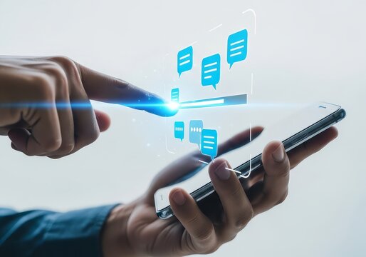 Person using smartphone with blue chat bubbles and loading bar overlay against white background in studio