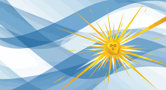 An abstract vector background representing the Argentine flag with flowing, wavy blue and white stripes converging towards a central sun (Sun of May). Creates a sense of movement and national pride.
