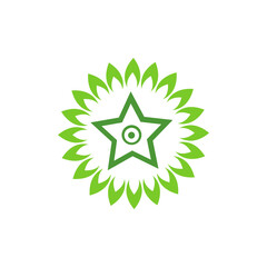Green star with concentric circles inside surrounded by radiating green leaves