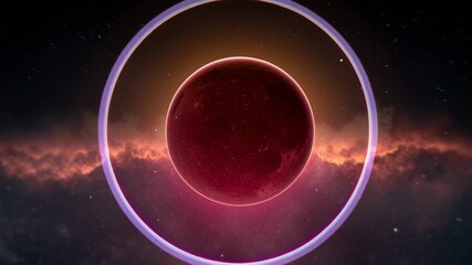 Red planet ring orbit space galaxy nebula red glowing ring neon planet cosmic cloud horizon vibrant space eclipse orbit - Powered by Adobe