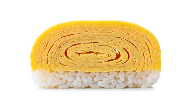 Japanese minimalist. the perfect geometric cross-section of a tamago nigiri, its layered structure resembling the strata of sedimentary rock, isolated 