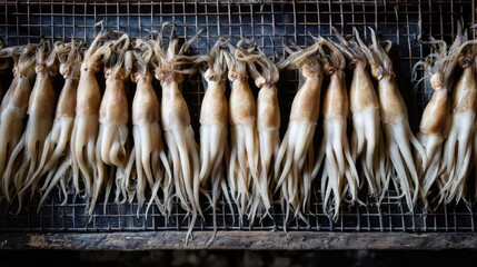 Freshly Caught Squid Hanging on a Grill for Drying in a Coastal Fishing Village Setting