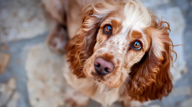 Adorable Cocker Spaniel Dog Looking Up With Big Expressive Eyes.